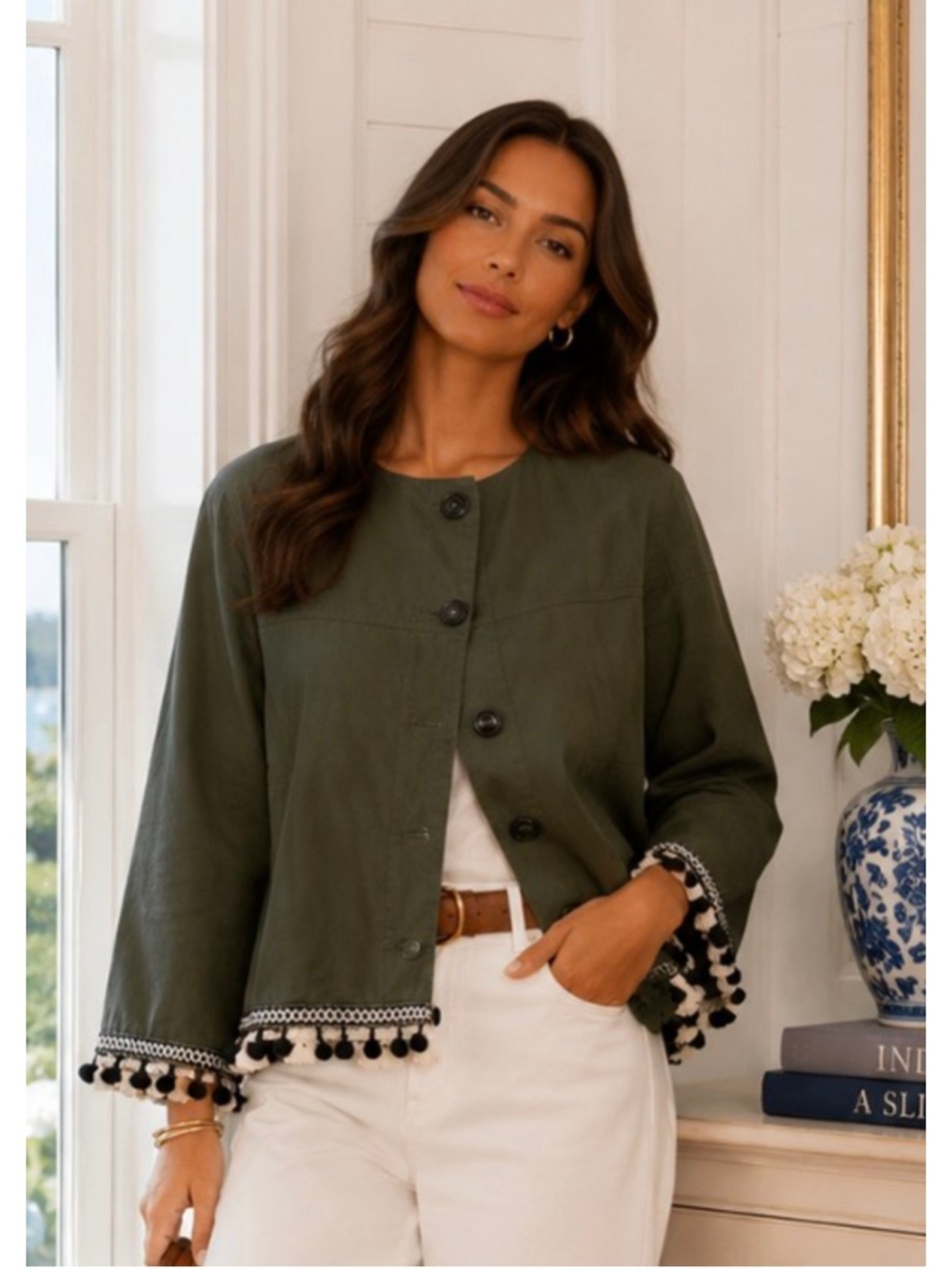 New ZARA BASIC Olive Green Utility Jacket with Pom Poms, Size S